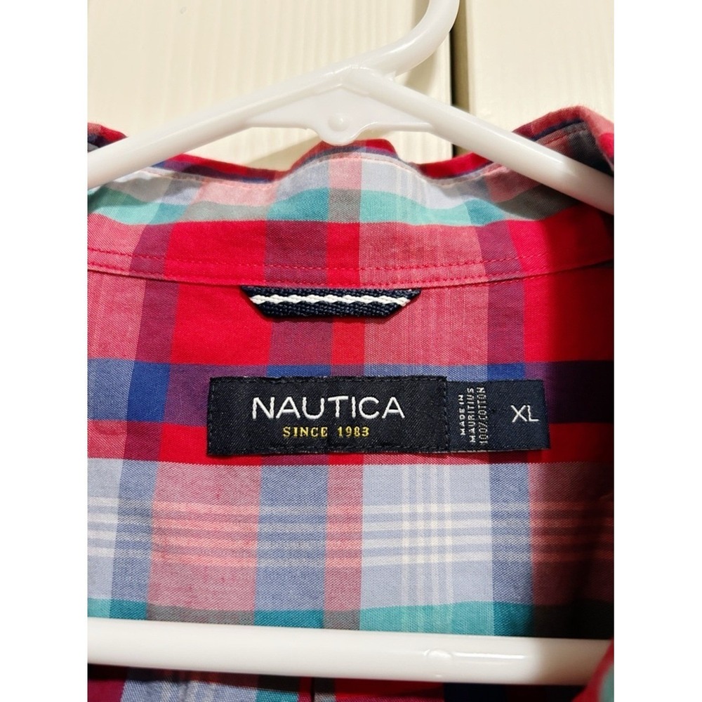 Nautica Red & Blue Plaid Short-Sleeve Button-Down Shirt 100% Cotton XL